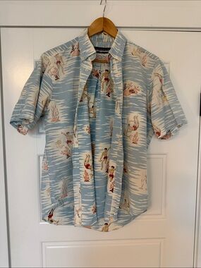 Reyn spooner 💯 cotton Blue Hawaiian diver Print Short Sleeve vacation Shirt